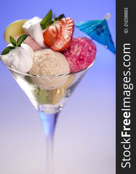 Ice cream and fruit on the glass