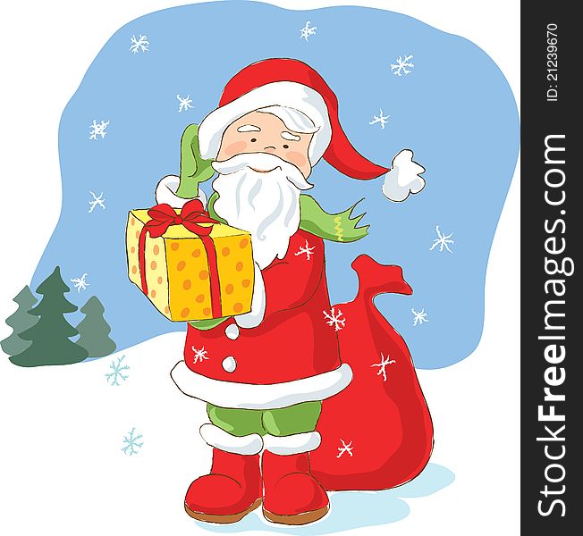 Santa Claus holding present, hand drawn, artistic vector illustration. Santa Claus holding present, hand drawn, artistic vector illustration