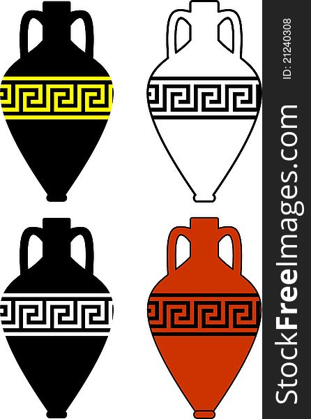 Set of silhouettes (contour) of ancient amphora (vase) with traditional Greek abstract meander pattern - vector isolated illustration on white background. Set of silhouettes (contour) of ancient amphora (vase) with traditional Greek abstract meander pattern - vector isolated illustration on white background