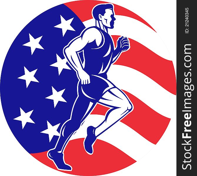 Illustration of a illustration of a male Marathon road runner jogger fitness training road running with American flag stars and stripes in background inside circle. Illustration of a illustration of a male Marathon road runner jogger fitness training road running with American flag stars and stripes in background inside circle