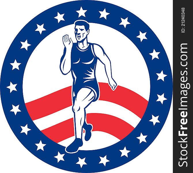 Illustration of a illustration of a Marathon road runner jogger fitness training road running with American stars and stripes in background inside circle. Illustration of a illustration of a Marathon road runner jogger fitness training road running with American stars and stripes in background inside circle