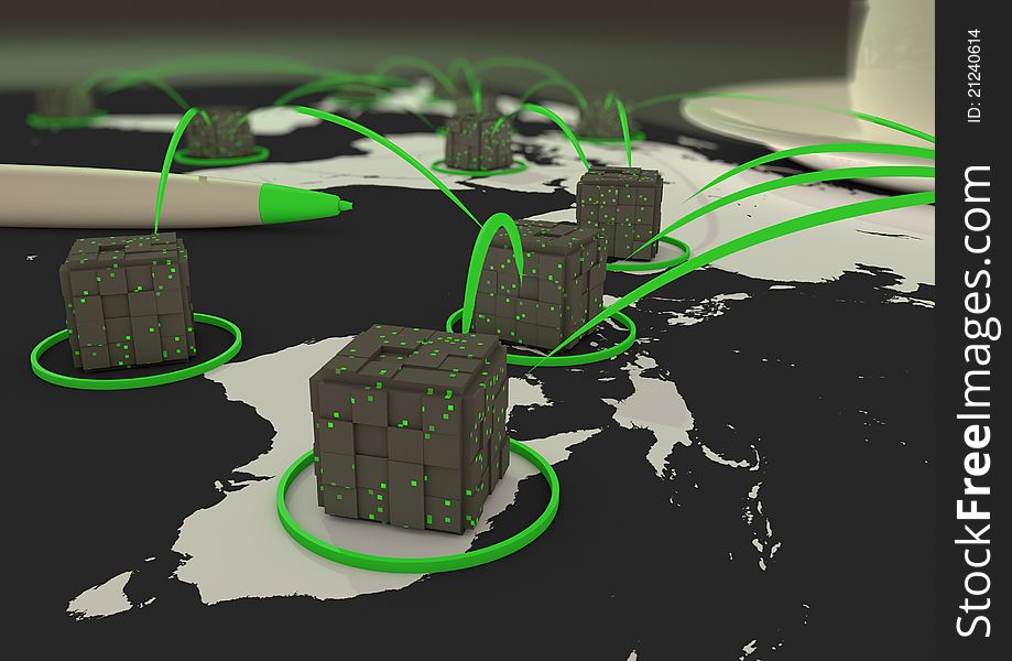 Render of a high-tech network of connected cubes. Render of a high-tech network of connected cubes