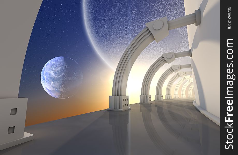 Render of a futuristic hallway in space. Render of a futuristic hallway in space