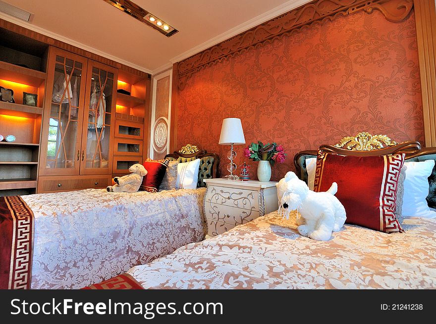 Bedroom for children in luxury and noble style, with featured decoration and fine closet furniture, shown as luxury, classical, and comfortable living environment. Bedroom for children in luxury and noble style, with featured decoration and fine closet furniture, shown as luxury, classical, and comfortable living environment.