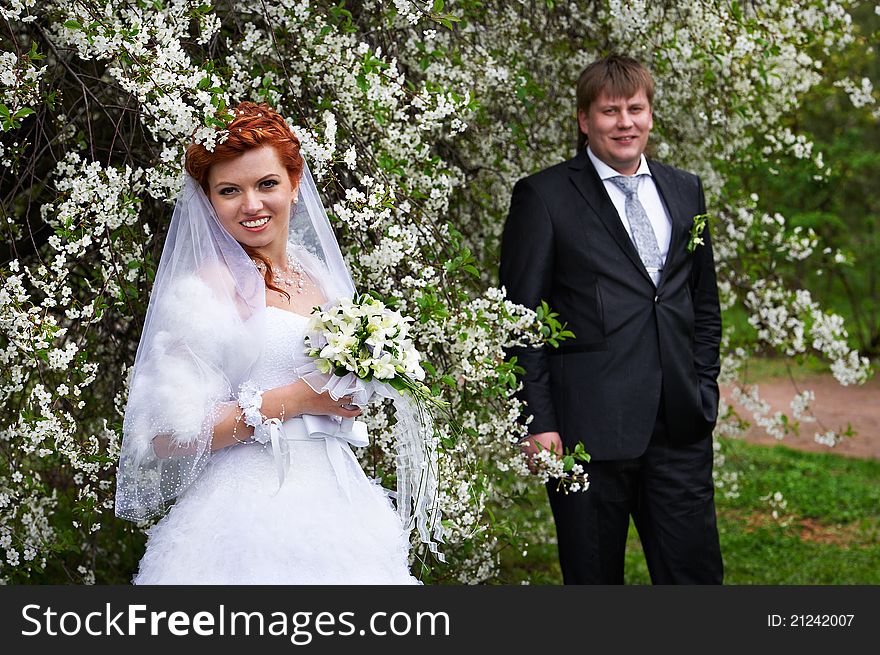 Happy bride and groom in cherry garden