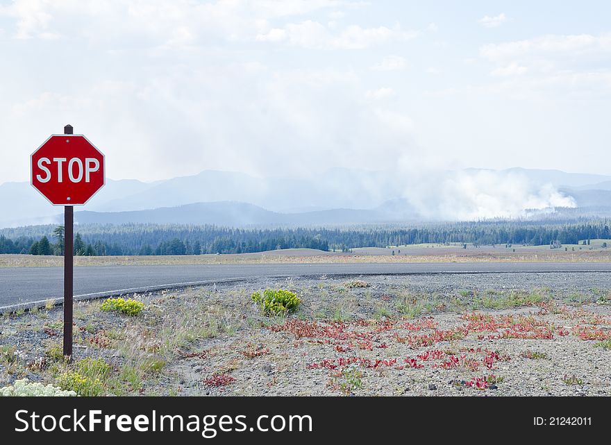 Stop sign in the foreground and forest fire in the distance. Stop sign in the foreground and forest fire in the distance.