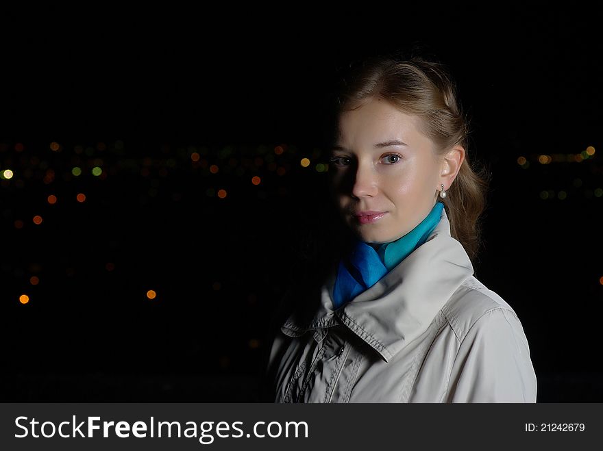 Intelligent Girl In A Coat In Night City