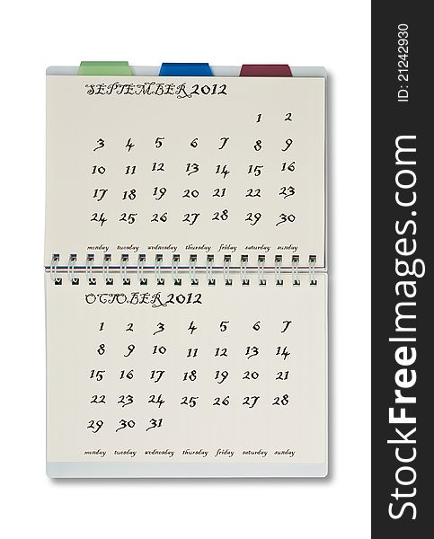The 2012 calendar on notepad with white background.