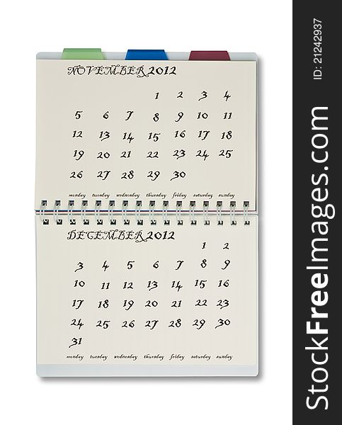 The 2012 calendar on notepad with white background.