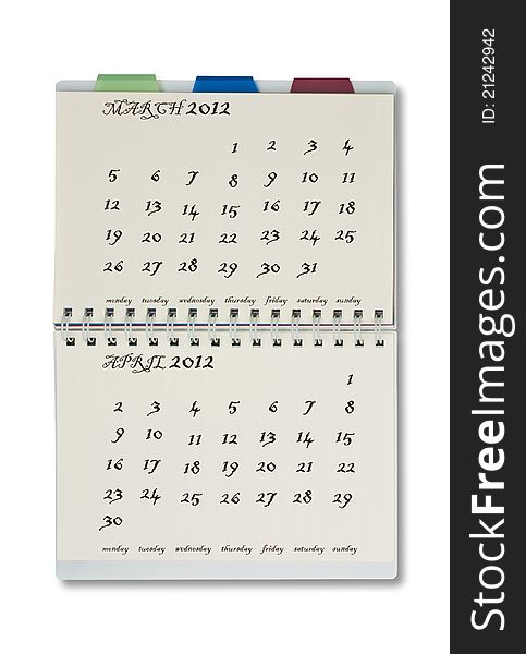 The 2012 calendar on notepad with white background.