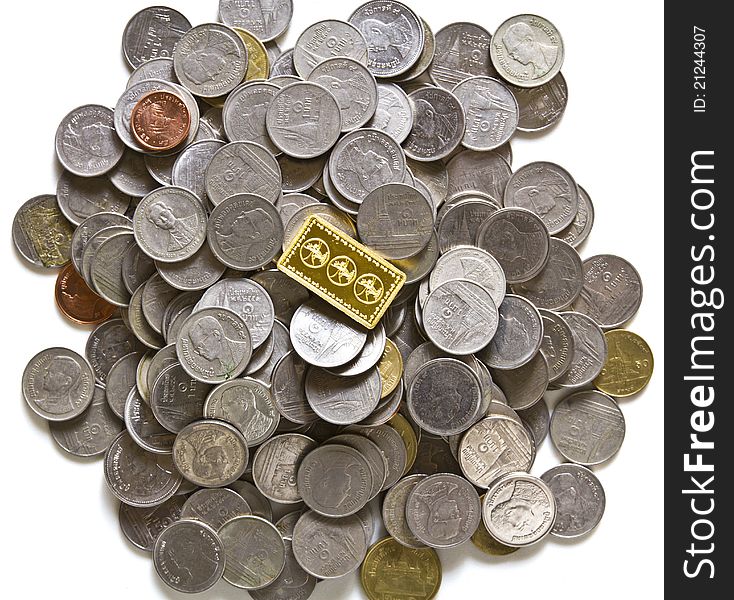 Gold bars on coins stacks on white background