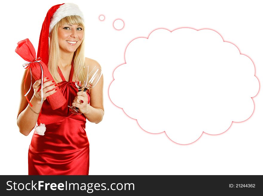 Beautiful woman in a red dress and a Christmas hat in his hands and two glasses of boxed wine/ champagne bottle. Isolate. Beautiful woman in a red dress and a Christmas hat in his hands and two glasses of boxed wine/ champagne bottle. Isolate