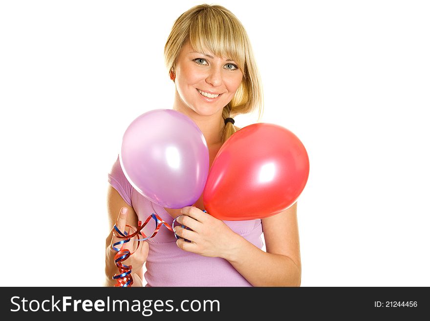 Close-up of a beautiful young woman with colorful balloons balloons. Isolated on a white background. Close-up of a beautiful young woman with colorful balloons balloons. Isolated on a white background