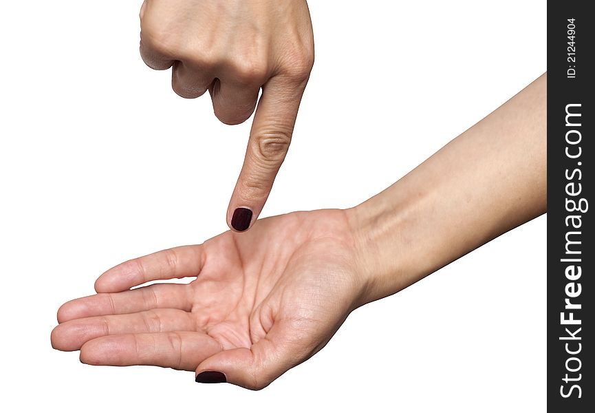 Put it in my hand gesture. Female hands isolated on white