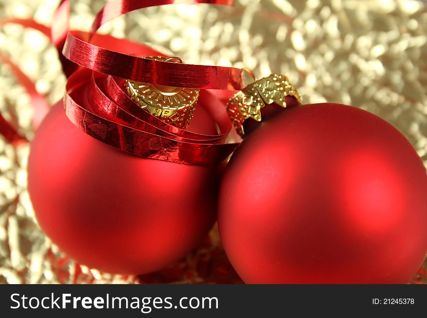 Christmas background with red balloons and decorations. Christmas golden background. Christmas background with red balloons and decorations. Christmas golden background