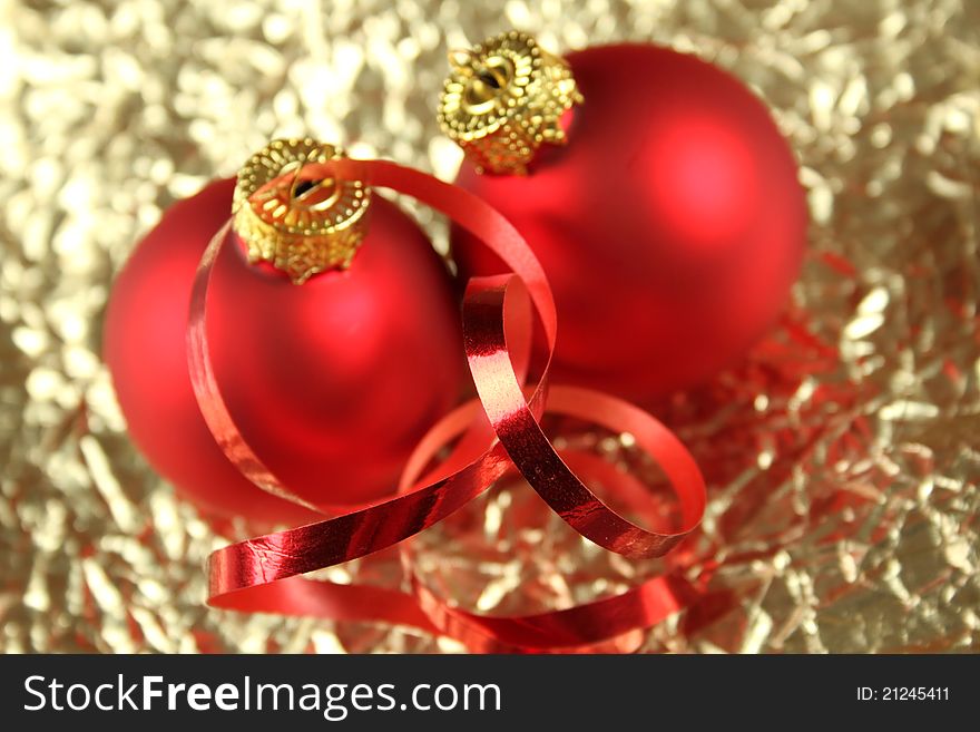 Christmas background with red balloons and decorations. Christmas golden background. Christmas background with red balloons and decorations. Christmas golden background