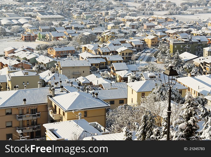 Snow covered town.