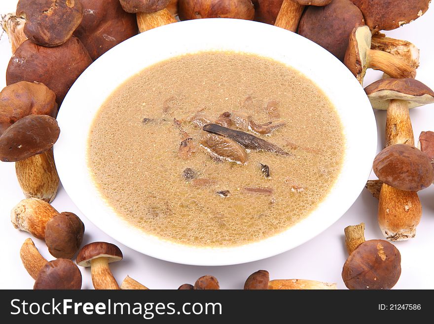 Mushroom soup surrounded by some fresh mushrooms