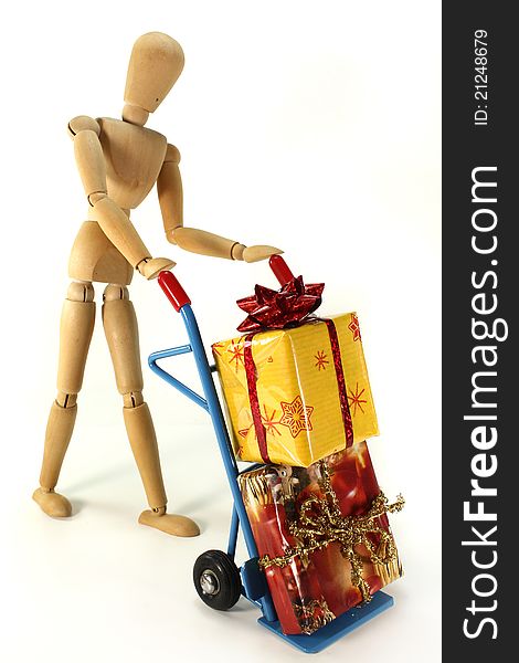 Colorful Christmas presents on a hand truck. Colorful Christmas presents on a hand truck