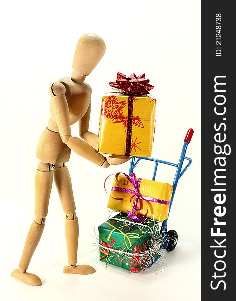 Colorful Christmas presents on a hand truck. Colorful Christmas presents on a hand truck