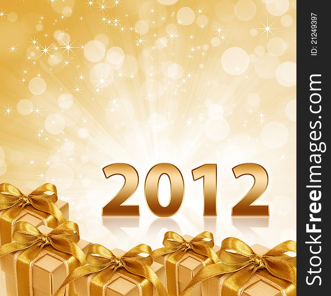 Year 2012 gold sparkling background and gift