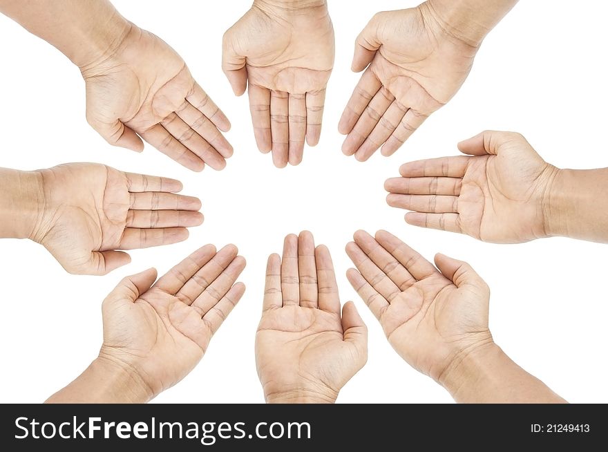 Human group hand as white isolate background