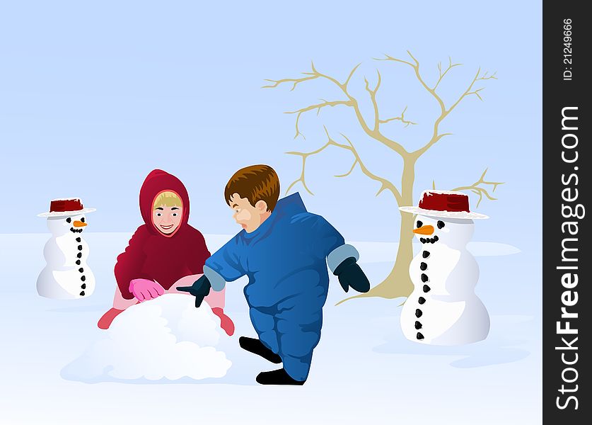 Illustration of boy and girl playing snow