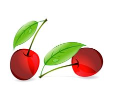 Two Red Cherry Sign And Green Leaf Isolated Stock Image