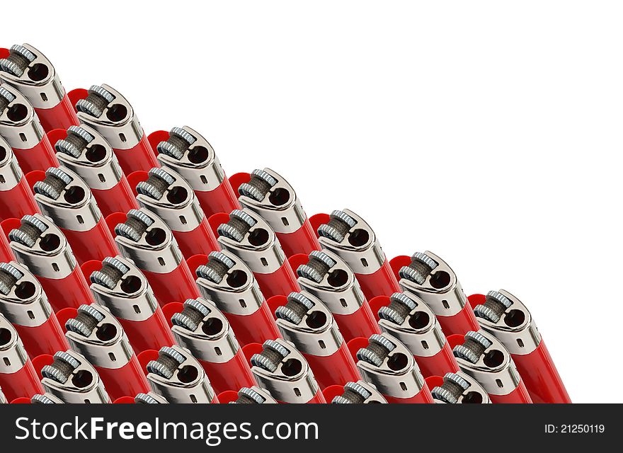 Teamwork concept. Many red plastic cigarette lighters standing in a row on white background. Teamwork concept. Many red plastic cigarette lighters standing in a row on white background