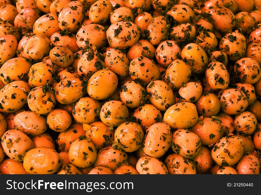 A ton of spiced fresh olives. A ton of spiced fresh olives