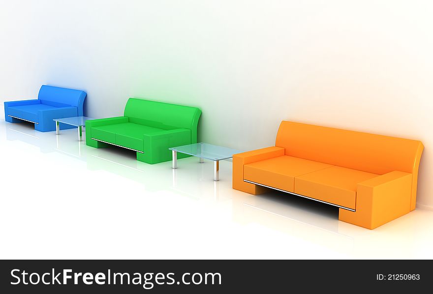 Model of a sofas with a tables in a light room. Model of a sofas with a tables in a light room