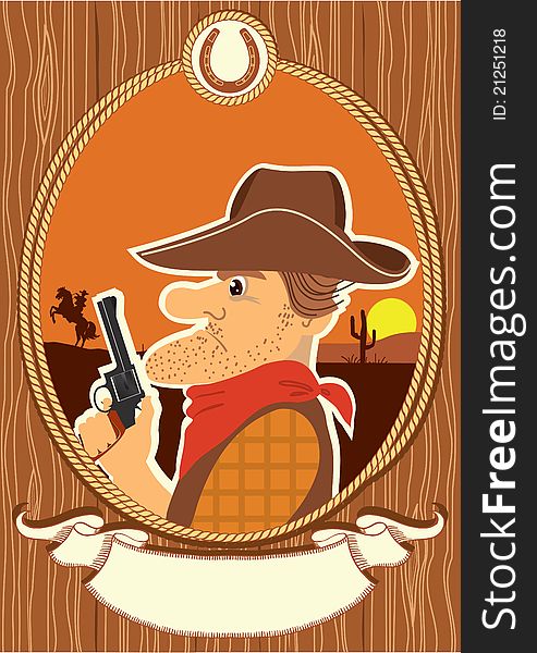 Cowboy portrait in decor rope frame.Vector color cartoons with scroll for text on wood texture