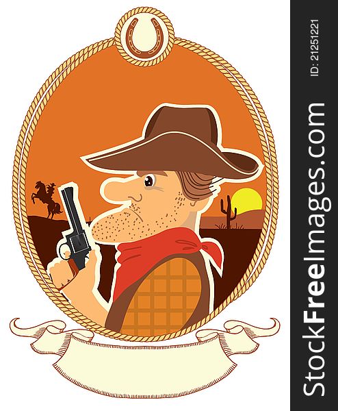 Cowboy portrait in decor rope frame.Vector color cartoons with scroll for text