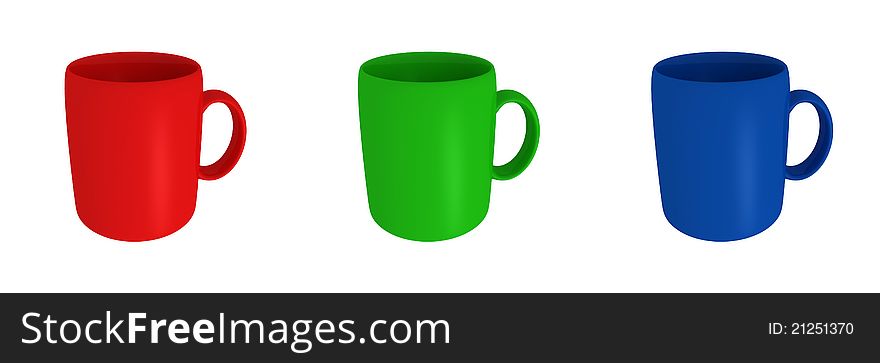 Colorful coffee mugs on a white background 3d