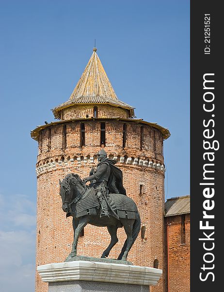 Monument of Prince Dmitry Donskoy in front of Marinkina tower in Kolomna, Moscow region, Central Russia.