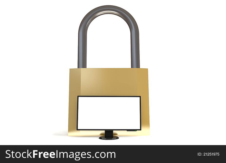 A giant padlock with a personal computer. A giant padlock with a personal computer