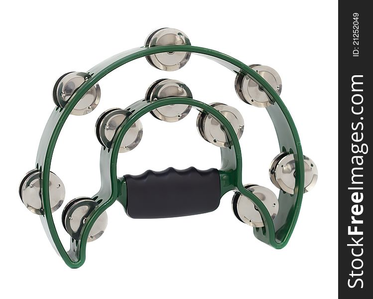 One green tambourine isolated on a white background