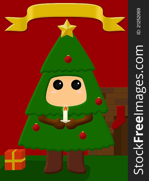 A child with a Christmas tree costume with a candle on Christmas Eve