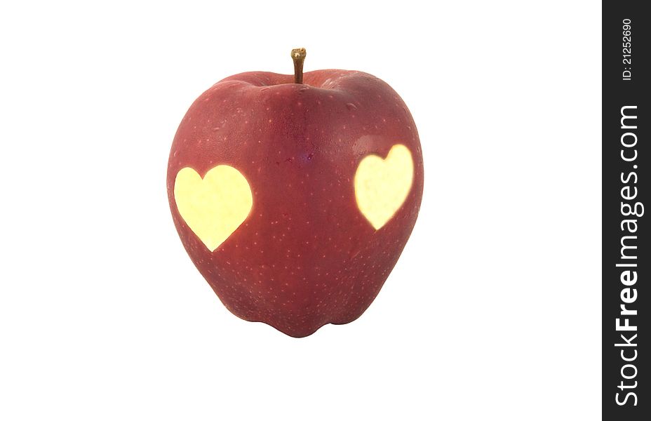 Red apple with hearts on it on the white background