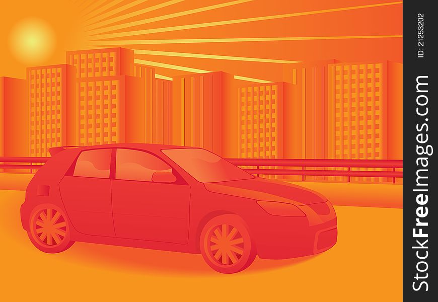 Vector illustration of a car and cityscape