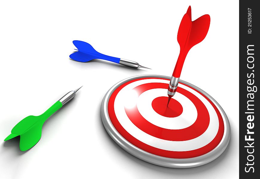 Red dart successly hitting target 3d concept