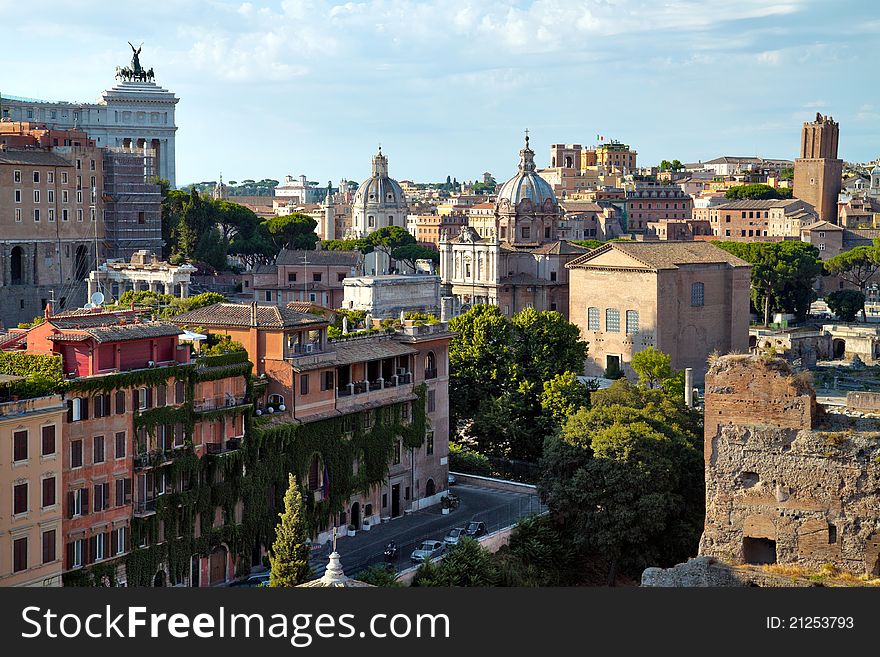 View of Rome with houses and cathedrals