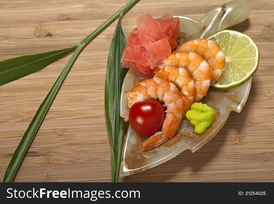 Japanese Cuisine.Shrimps with ginger and wasabi.