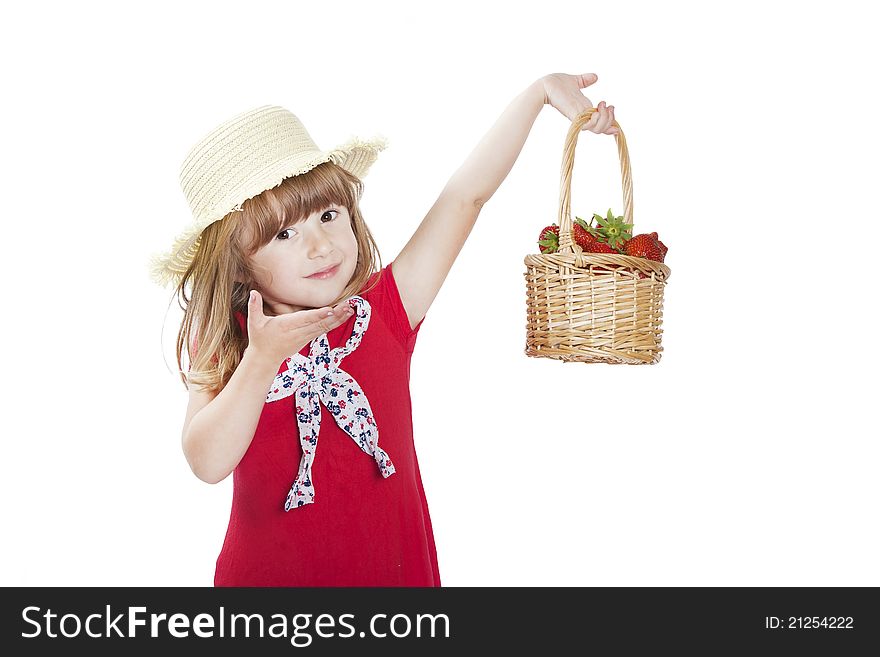 Happy girl in a hat holding basket of strawberries. Happy girl in a hat holding basket of strawberries