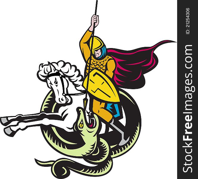 Illustration of a knight riding horse with shield and spear fighting snake dragon done in retro style on isolated white background. Illustration of a knight riding horse with shield and spear fighting snake dragon done in retro style on isolated white background