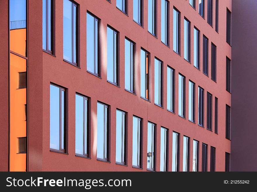 Detail of Prague colorful modern Building with blue Windows