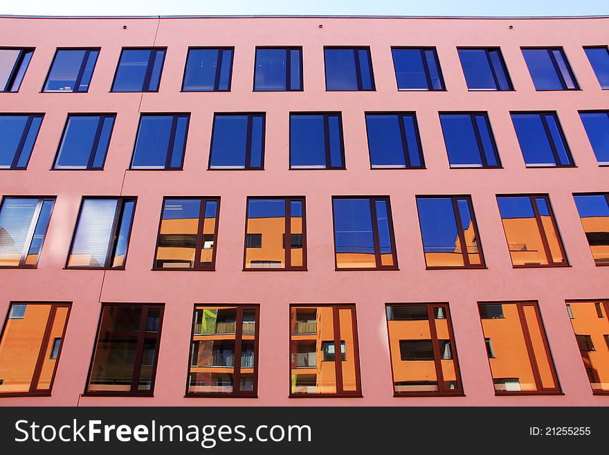 Detail of Prague colorful modern Building with blue Windows