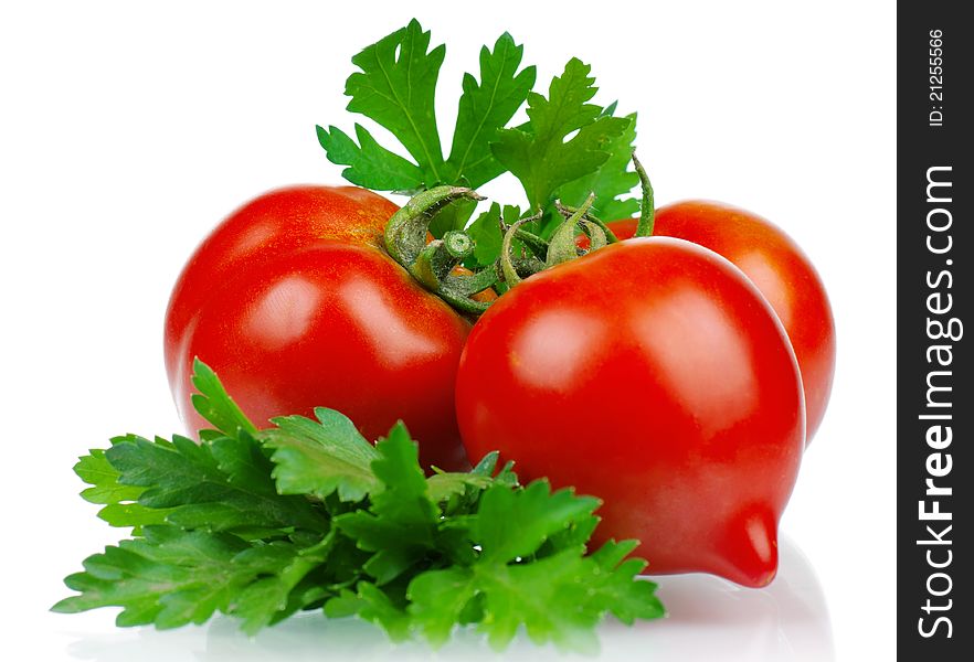 Fresh vegetables on white background - tomato, parsley