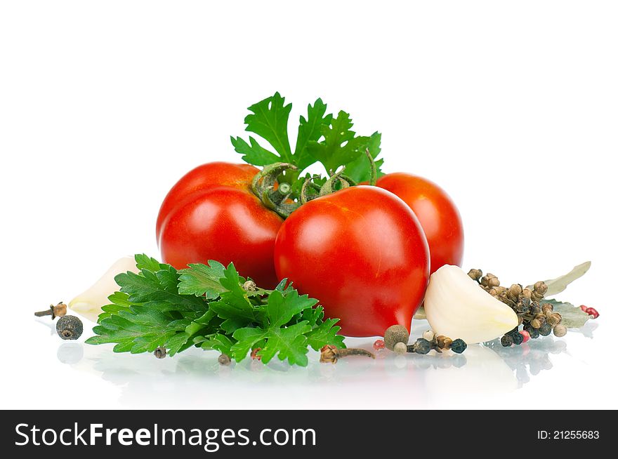 Fresh vegetables on white background - tomato, parsley, garlic, pepper