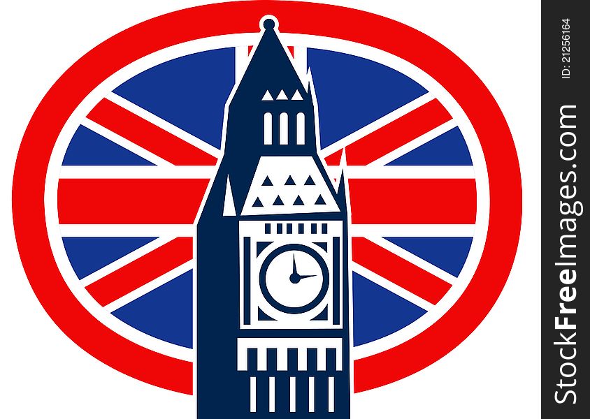 Illustration of a an icon with Great Britain British Union Jack flag and Big Ben Clock Bell Tower. Illustration of a an icon with Great Britain British Union Jack flag and Big Ben Clock Bell Tower